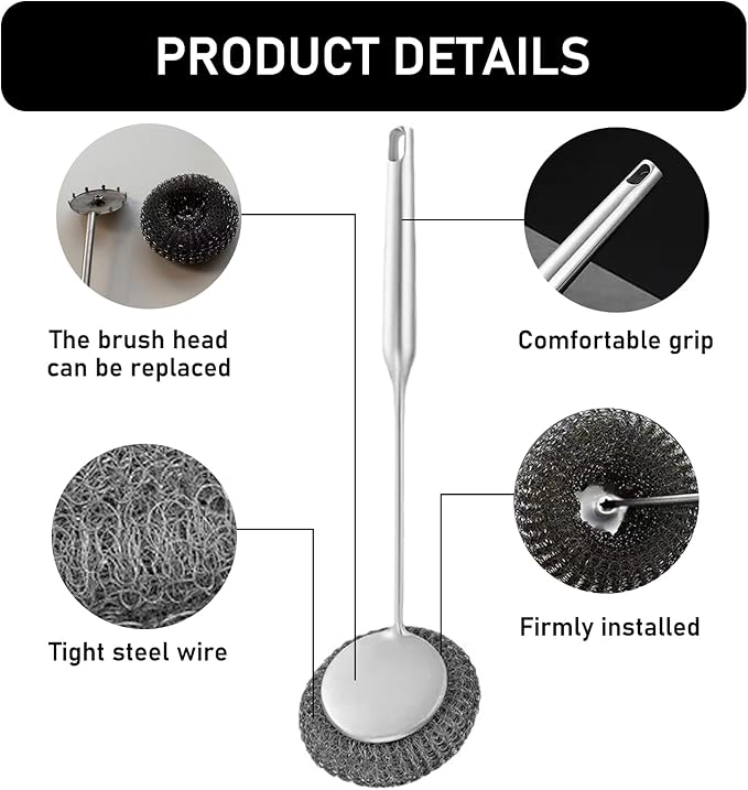 Stainless Steel Wool Metal Wire Scrubber Sponge Scouring Pads Brush Set - Image 4