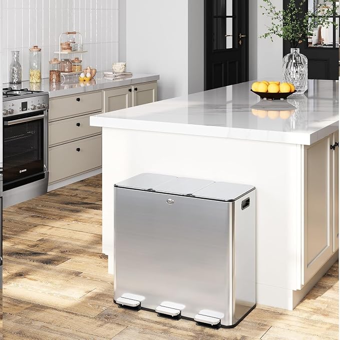 GarveeHome Trash Can 60L/15.9 Gal, Three Compartments Pedal Kitchen Recycling by GarveeHome