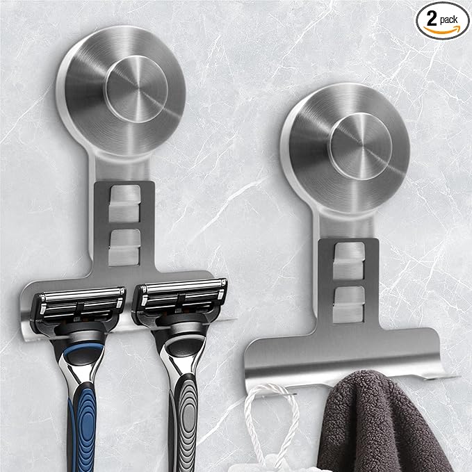 Suction Cup Razor Holder for Shower Wall 2 Pack, Heavy-Duty 15lbs Suction Hooks by WingWider