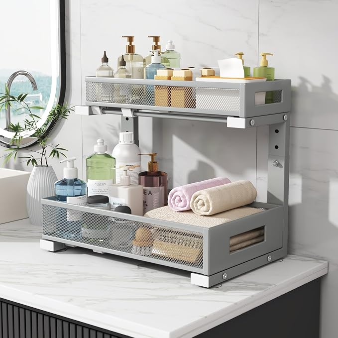1 Pack-11.4"-16.14" H Under Sink Storage Organizer, Large 2-Tier Elegant Mesh - Image 7