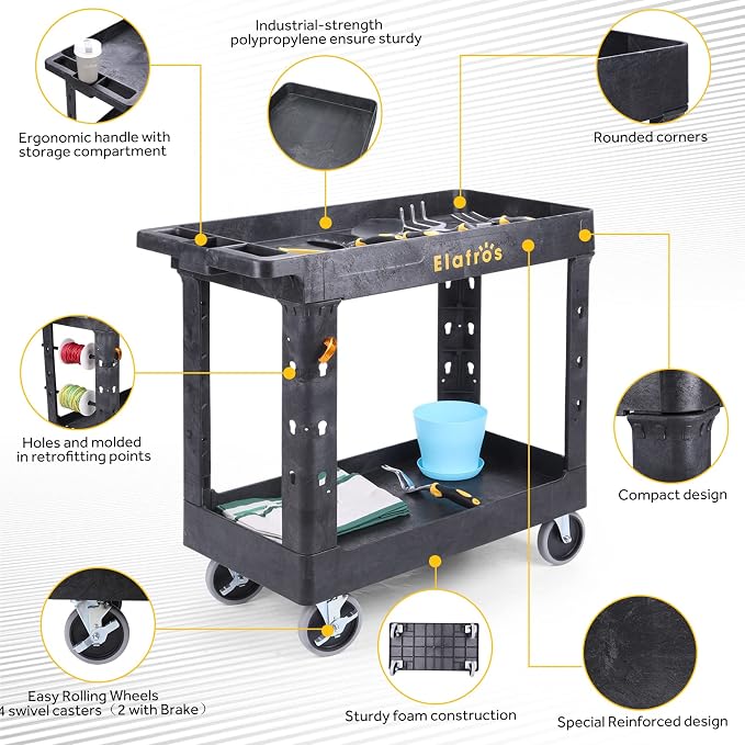 ELAFROS Heavy Duty Plastic Utility Cart 34 x 17 Inch - Image 4