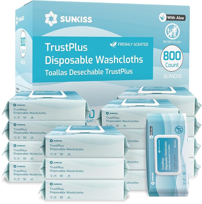 SUNKISS Trustplus Wet Wipes for Adult No Rinse, Extra Large 8”x12” Body by SUNKISS