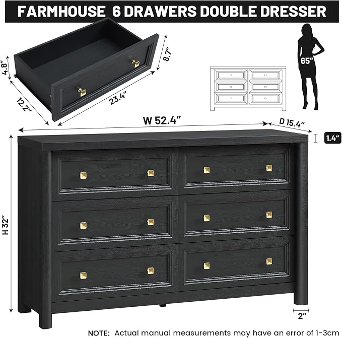 Black Dresser, Farmhouse 6 Drawer Dresser - Image 2