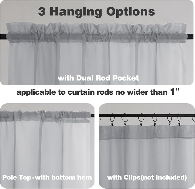 Chyhomenyc Sheer Light Grey Tier Curtains 24 Inch Length, Small Window Curtains - Image 3
