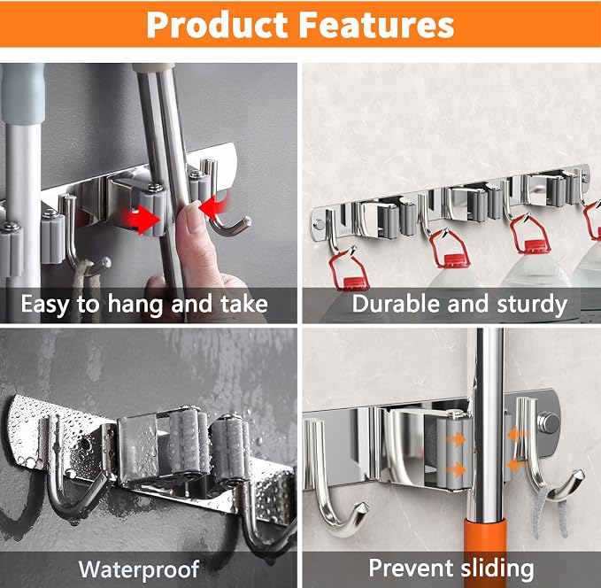 Mop and Broom Holder Wall Mount, Upgraded Broom Organizer Wall Mount, Stainless - Image 3