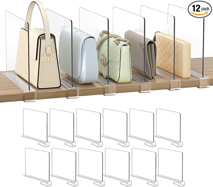Shelf Dividers Purse Organizer for Closet: 12-Pack Acrylic Bag Storage by SortNStore