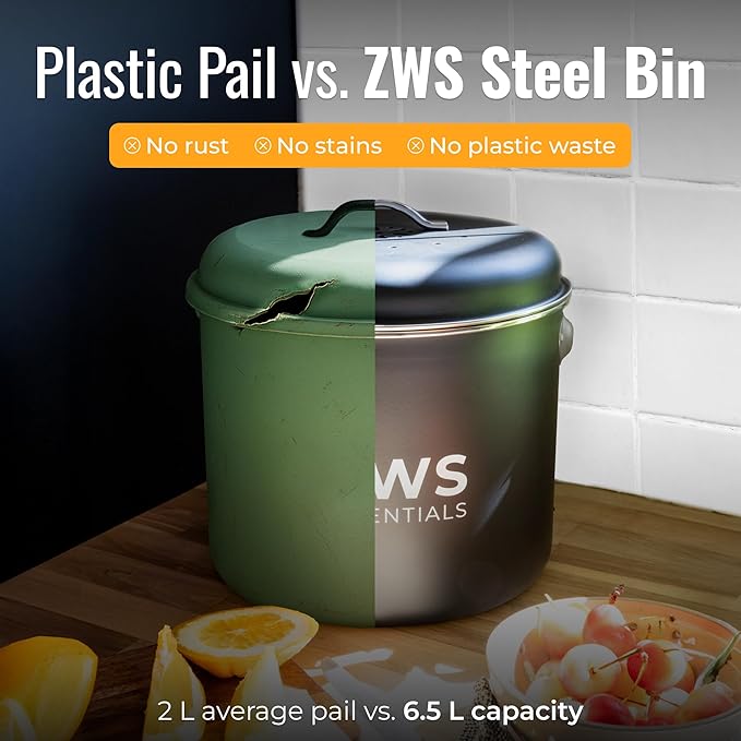 Black Stainless Steel Compost Bin | 6.5L Odor-Free Kitchen Countertop Food - Image 5