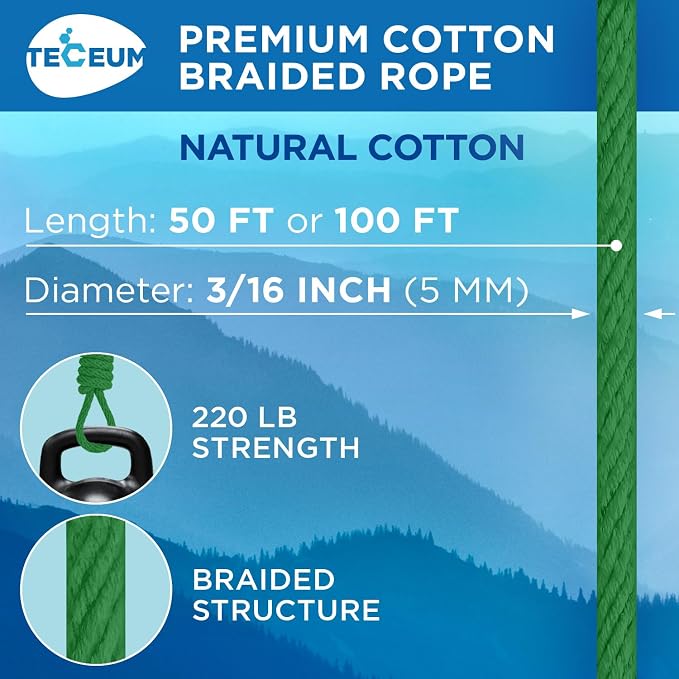 TECEUM Cotton Rope 3/16” – 50 FT – Strong All-Purpose Braided Rope – Natural - Image 2