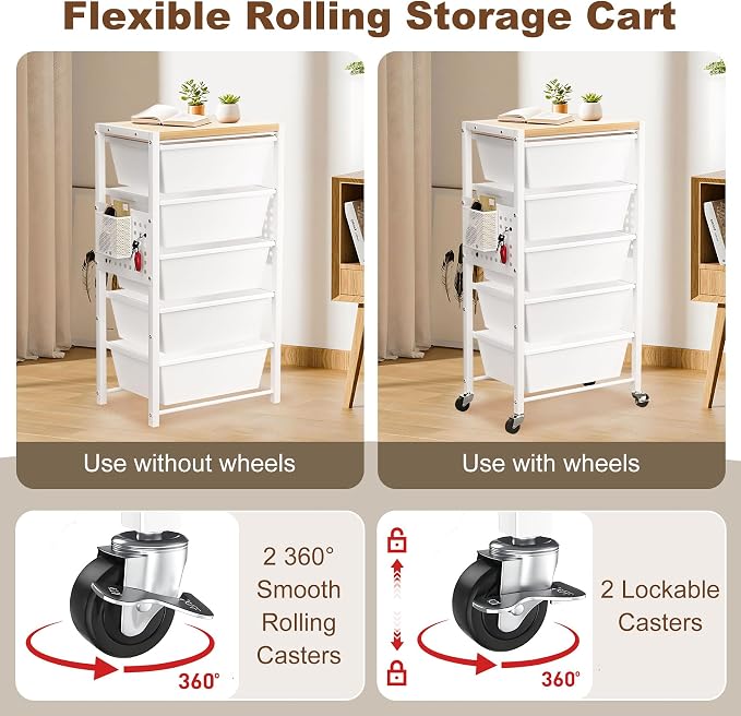 Rolling Cart with Drawers, Rolling Storage Cart with 5 Large Plastic Drawers & - Image 4
