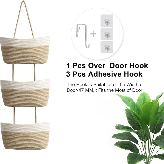 TeoKJ Over the Door Hanging Basket, 3-Tier Woven Cotton Wall-Mounted Storage - Image 3
