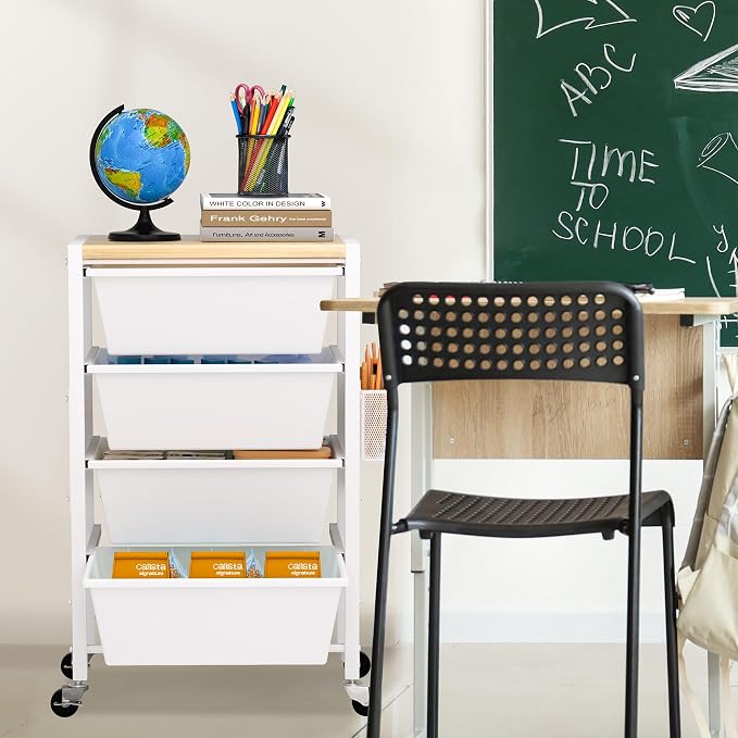 Rolling Cart with Drawers, Rolling Storage Cart with 4 Large Plastic Drawers & - Image 7