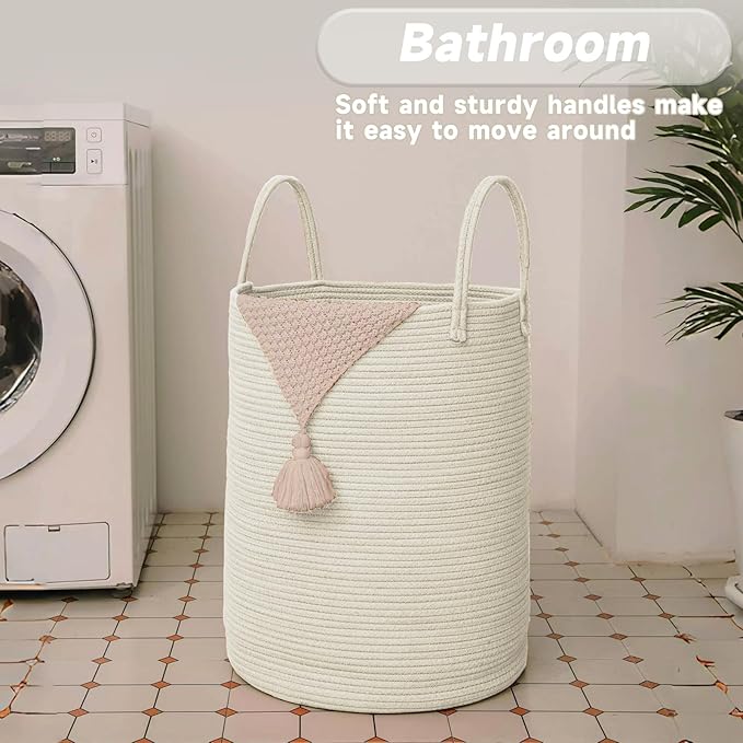 Large Woven Laundry Basket Hamper, 80L Cotton Rope Storage Bin - Image 5