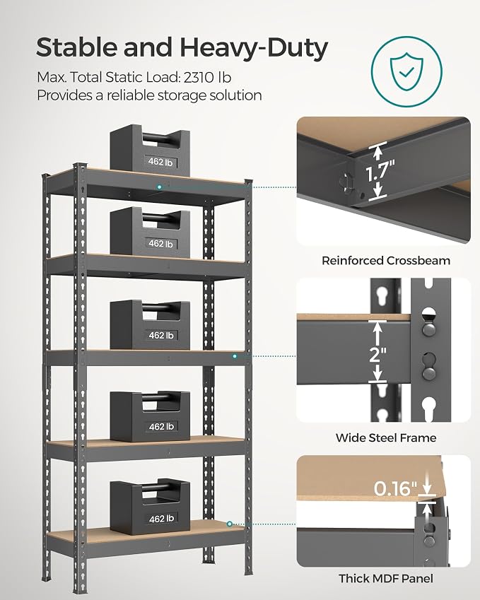 SONGMICS 5-Tier Storage Shelves, Load 2310 lb, Boltless Assembly, Adjustable - Image 4