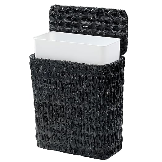 Black Wicker Trash Can with Lid and Liner, Waterproof Narrow Waste Basket by WEAVECOMFORTINTOEVERYCORNER