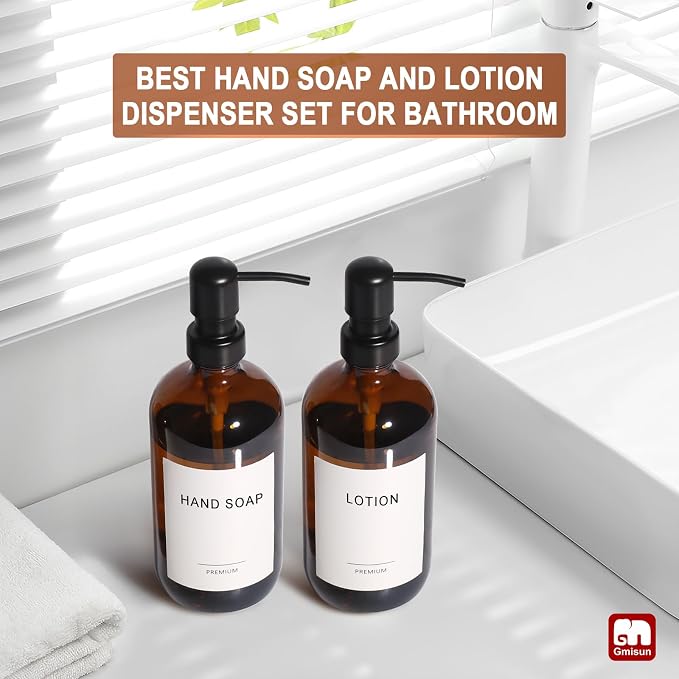 GMISUN Amber Glass Soap Dispenser, 2 Pack Bathroom Hand Soap Dispensers - Image 6