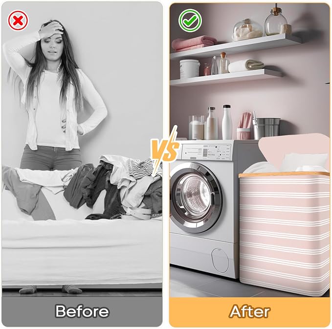 BALEINE Laundry Hamper with Lid, Tall Laundry Baskets with Bamboo Pull Handles - Image 7
