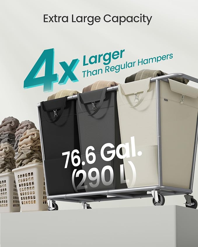 SONGMICS Laundry Basket with Wheels, 76.6 Gallons, 3-Section Rolling Laundry - Image 3