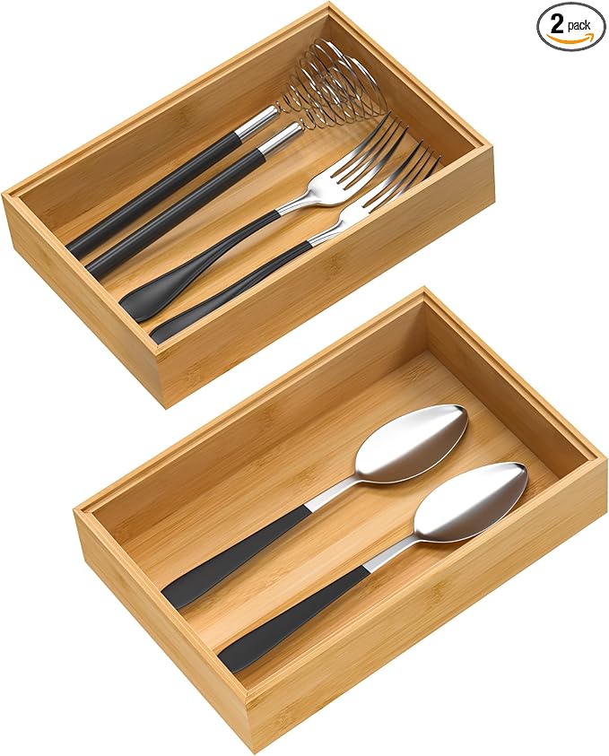 Silverware Tray for Drawer, Stackable Kitchen Bamboo Drawer Organizer 9" x 6" x by VeyFey