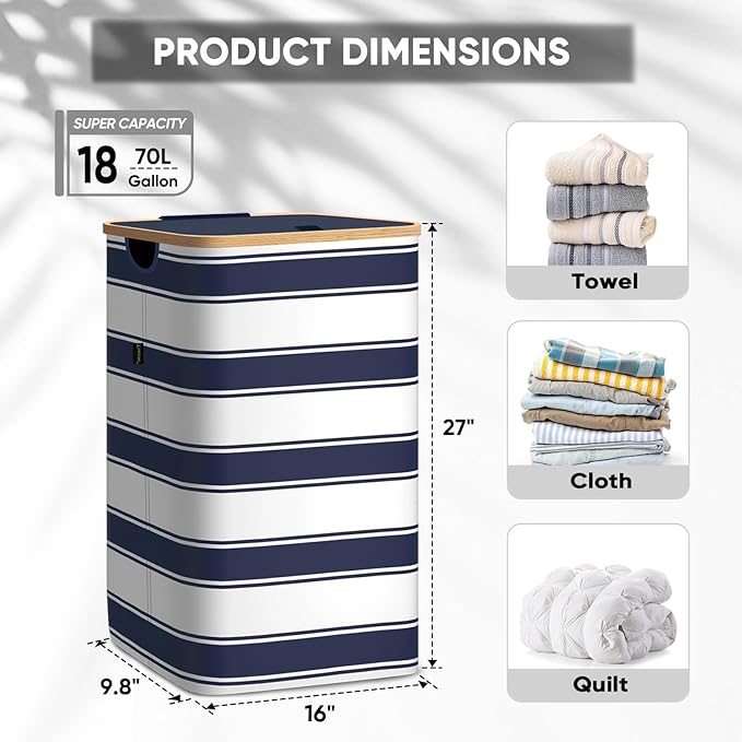 BALEINE Laundry Hamper with Lid, Tall Laundry Baskets with Bamboo Pull Handles - Image 4