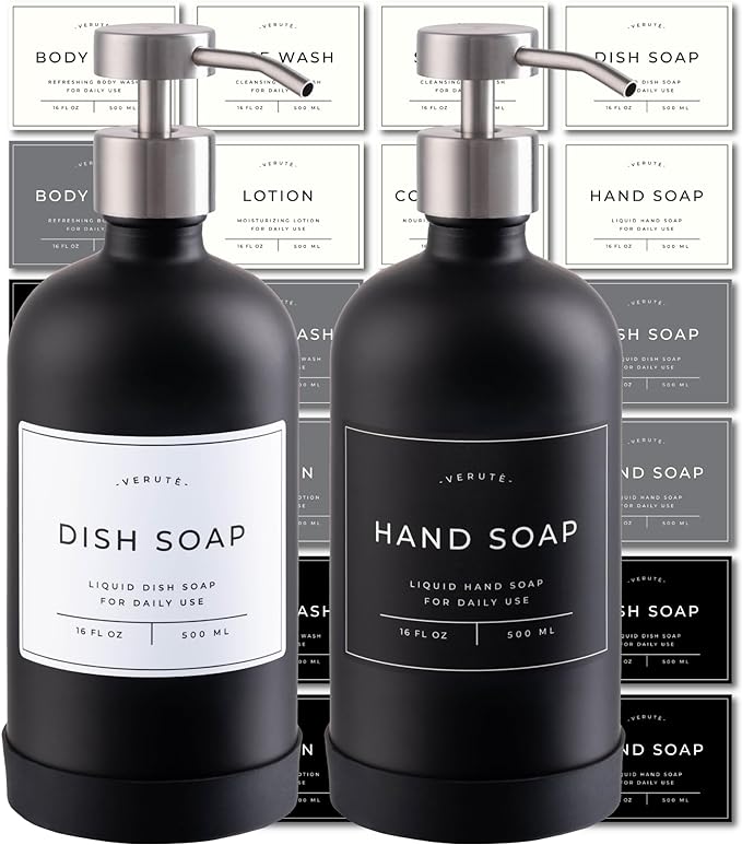 16oz Glass Soap Dispenser with Stainless Steel Pump, 21 Waterproof Labels by Verute