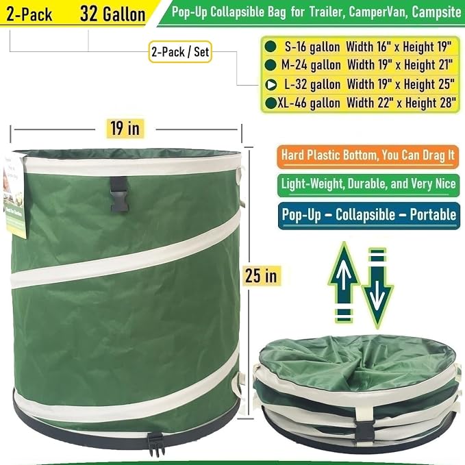 2-Pack 32 Gallon Collapsible Trash Can Solid Bottom - Image 5