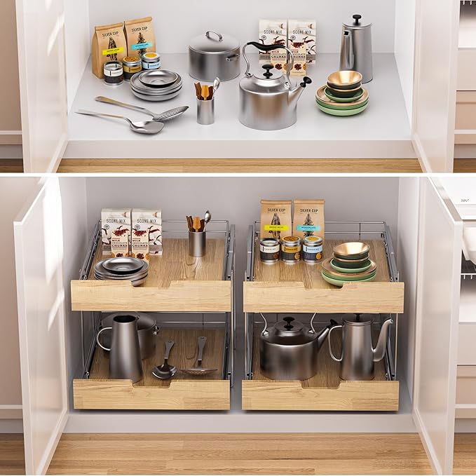 Pull Out Cabinet Organizer, Heavy-Duty Slide Out Shelf, Wood and Wire Basket - Image 6