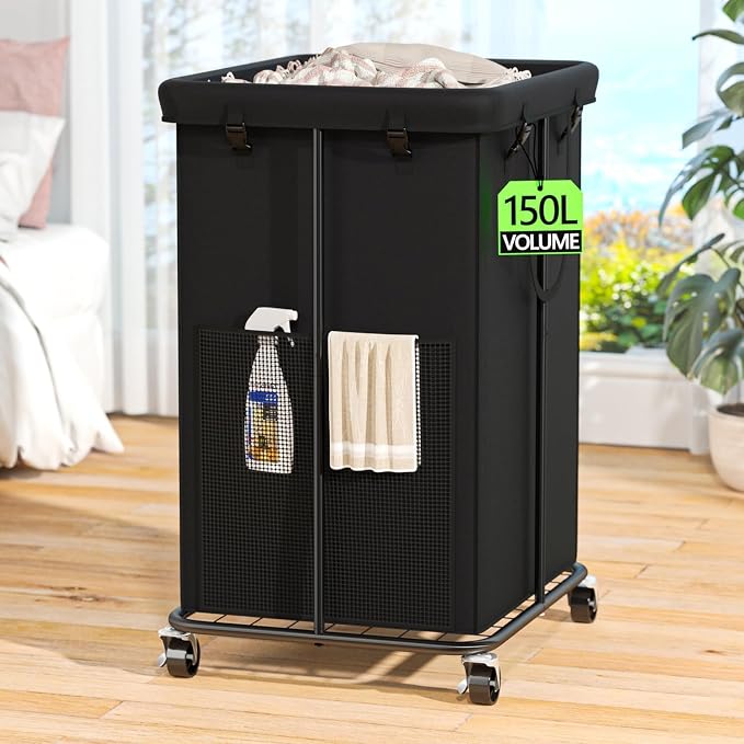 150L Laundry Hamper with Wheels, Rolling Laundry Basket with Metal Frame and by OLLDIDE