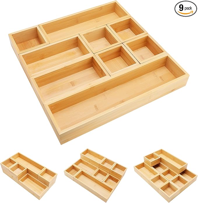Bamboo Drawer Organizer Set, Junk Drawer Divider and Storage Trays Containers by MapleGrace