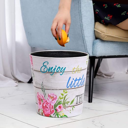 PU Leather Small Trash Can Wastebasket, Round Garbage Container Basket - Image 4