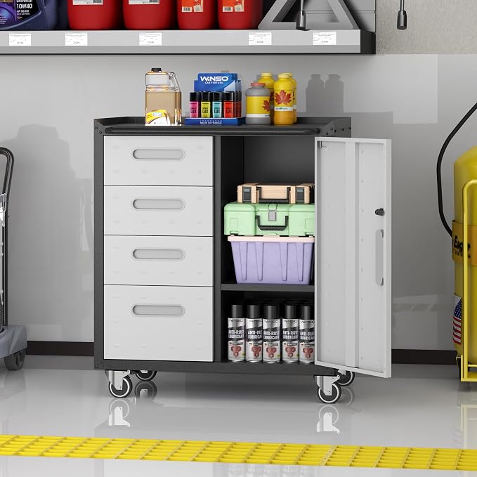 Metal Storage Cabinet with Wheels, Rolling Tool Cabinet with Adjustable Shelve - Image 4