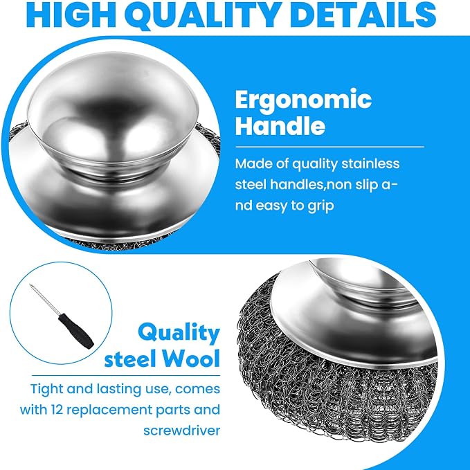 4 Pcs Steel Wool Scrubber with Handle Heavy Duty Metal Pot Scrubber Brush 16 - Image 7