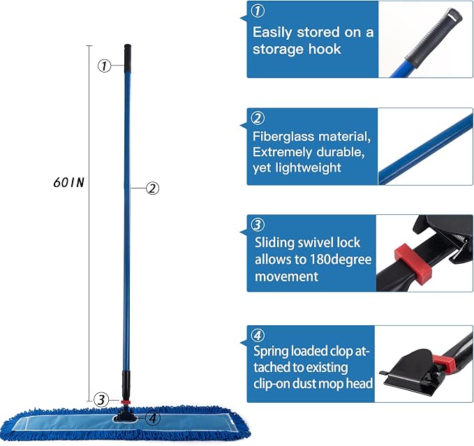 Matthew Cleaning Jaw Clamp Mop Handle, Snap-On Fiberglass Dust Mop Handle - Image 3