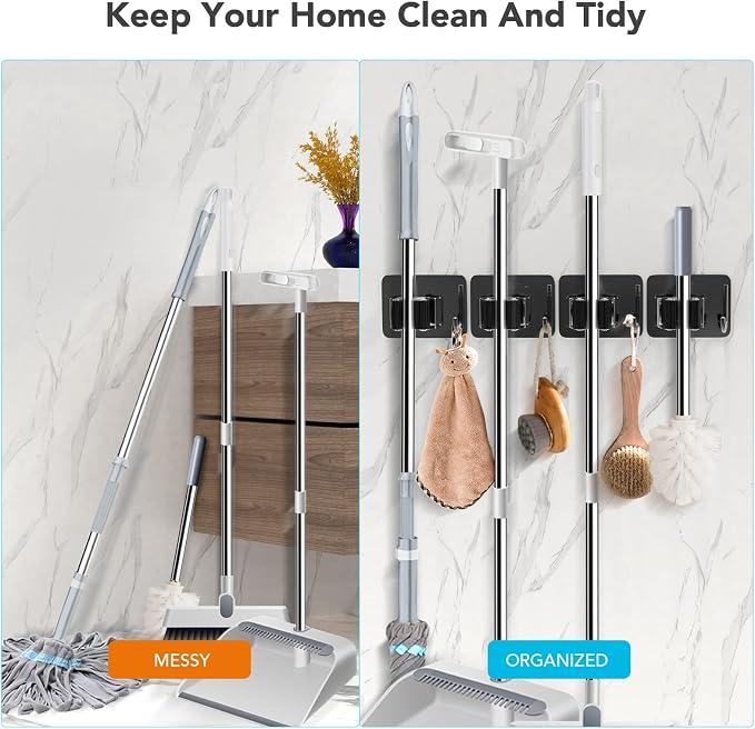 Mop Broom Holder No Drill, Mop Broom Organizer Wall Mounted Heavy Duty - Image 3