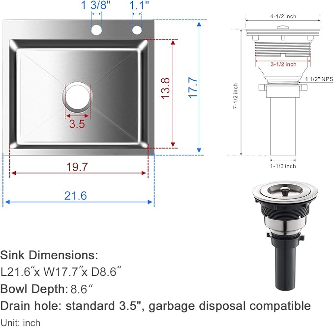 21.6x17.7 inch Drop in Kitchen Sink, Handmade 304 Stainless Steel Sink - Image 4