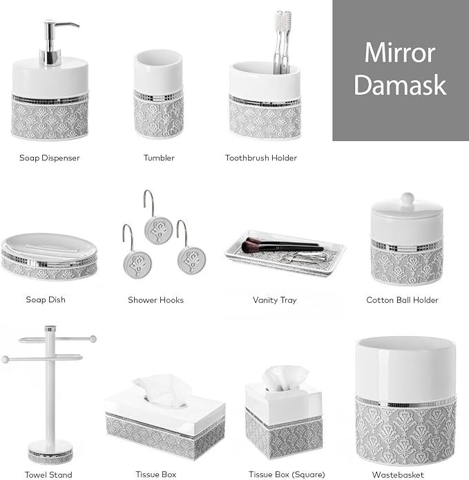 Creative Scents Mirror Damask Bathroom Accessory Set Complete - Image 7
