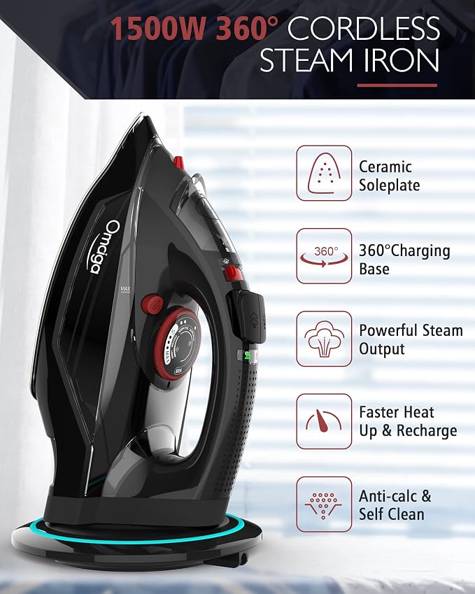 Cordless Iron for Clothes, 1500W Steam Iron Rapid Heating, Non-Stick Ceramic - Image 2