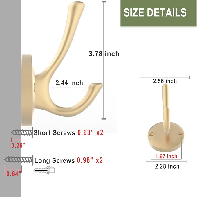 Gold Coat Hooks for Wall, 2 Pack Heavy Duty Towel Robe Hooks, Hats Hooks for - Image 6