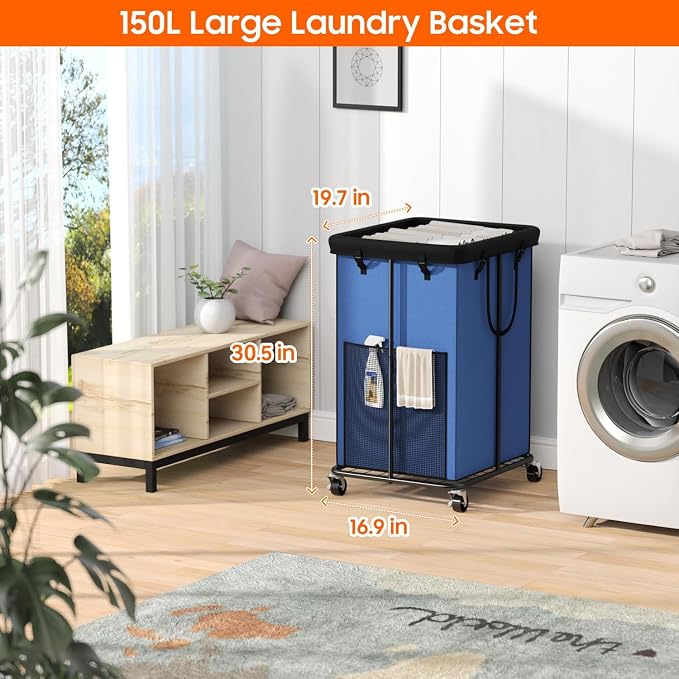 150L Laundry Hamper with Wheels, Rolling Laundry Basket with Metal Frame and - Image 2