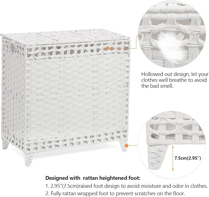 Laundry Hamper with 3 Removable Liner Bags; 132L Handwoven Rattan Laundry - Image 5