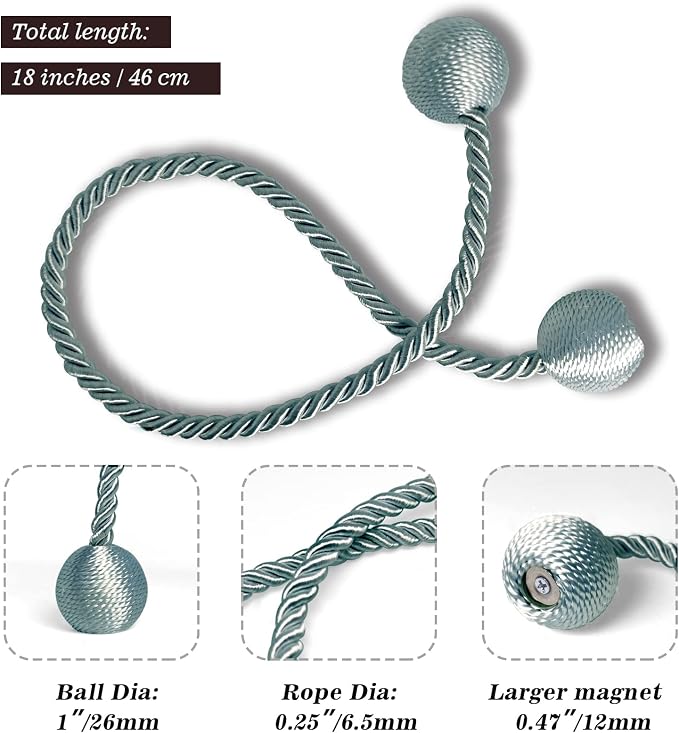 Hion Magnetic Curtain Tiebacks Gray Blue 2 Pack, Curtain Tiebacks Buckles - Image 2