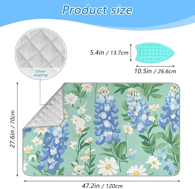 Mint Green Bluebonnet and Daisies Ironing Mat - Image 2