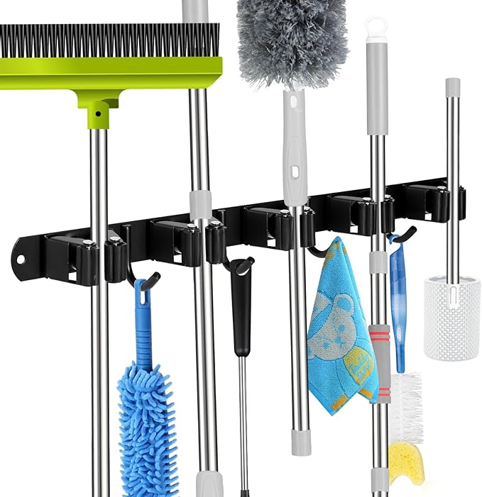 voze 5 Racks and 4 Hooks Mop and Broom Holder Wall Mount, Self Adhesive Heavy by voze