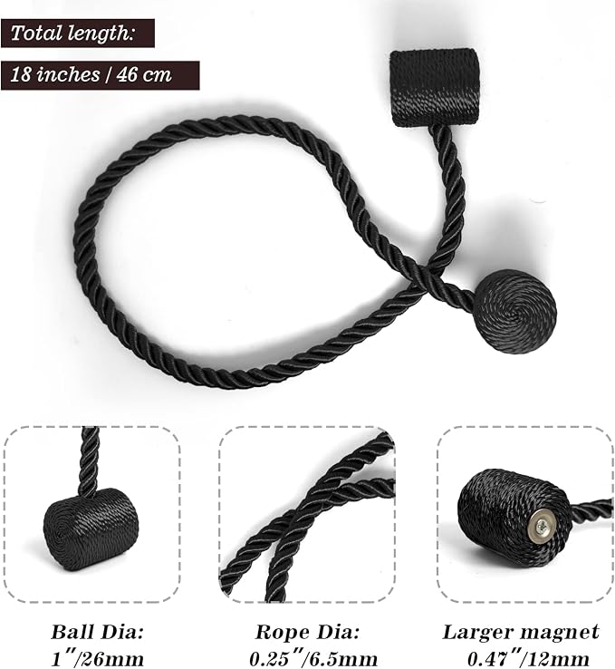 Hion Magnetic Curtain Tiebacks Black 4 Pack, Curtain Tiebacks Buckles Holdbacks - Image 2