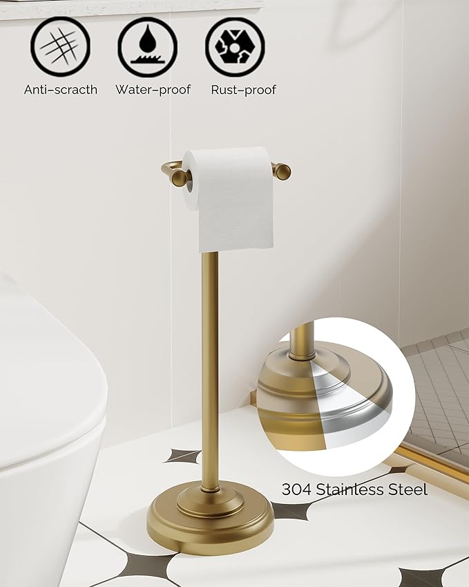 Toilet Paper Holder Stand, Brushed Brass Toilet Paper Holder Free Standing - Image 3