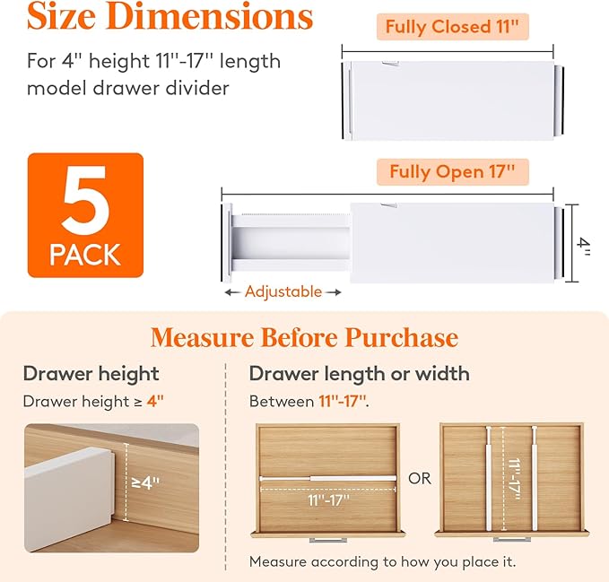 Lifewit 5 Pack Drawer Dividers 4" High, 11-17" Adjustable Dresser Drawer - Image 2