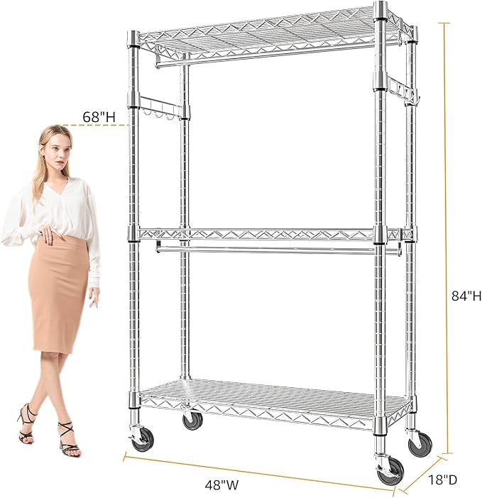 Heavy Duty Rolling Garment Rack 3 Tiers Adjustable Wire Shelving Clothes Rack - Image 2