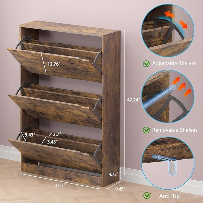 Shoe Cabinet with 3 Flip Drawers, Hidden Wood Shoe Cabinet, Freestanding Shoe - Image 2