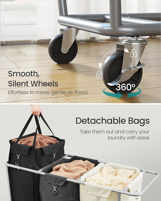 SONGMICS Laundry Basket with Wheels, 76.6 Gallons, 3-Section Rolling Laundry - Image 5