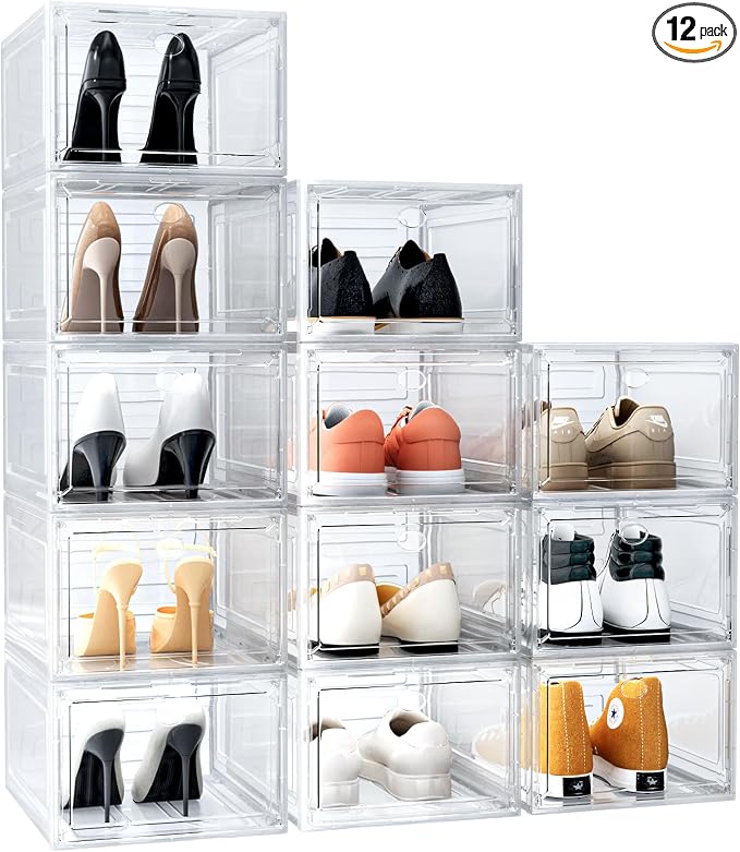 12 Pack Upgrade Harder Solid Plastic Shoe Organizer, Shoe Boxes Clear Stackable by ARSTPEOENeatChic