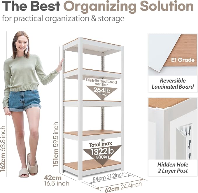 HOMEDANT House 5 Tier 24.1" W Laminated Metal Shelving Unit Adjustable Storage - Image 2